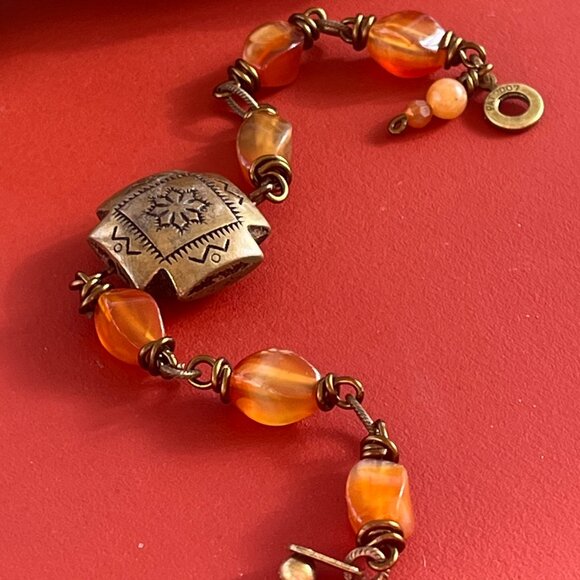 Carnelian Gemstone Bracelet, Brass Tribal Focal, Wire Wrapped Beaded Bracelet - Picture 4 of 4